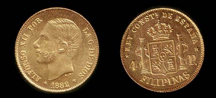 Gold 4 Peso coin of King Alfonso XII.