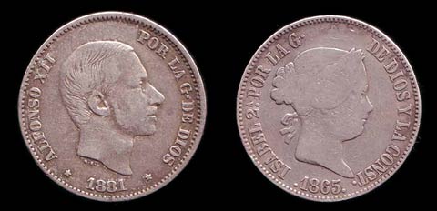 Philippine coins of Queen Isabella II and King Alfonso XII.