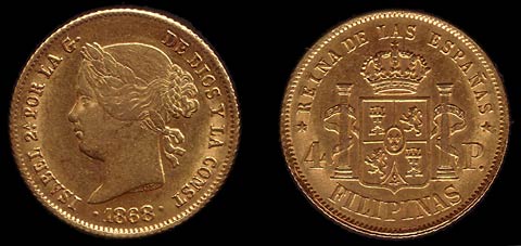 Gold 4 Peso coin of Queen Isabella II.